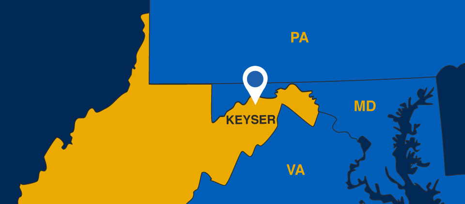 Map of the state of WV showing Keyser, WVU’s home in the Eastern Panhandle of the state. It borders MA, Maryland, and Virginia.